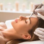 Dermaplaning Facial Treatment: Close-up shot of a young woman receiving a luxurious dermaplaning facial treatment at a spa. The image emphasizes skincare, relaxation, and beauty.